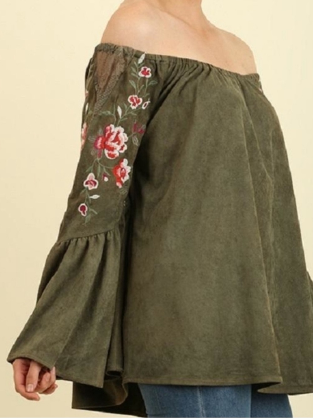 Umgee Suede-Like Off the Shoulder  Embroidered Bell Sleeve Tunic